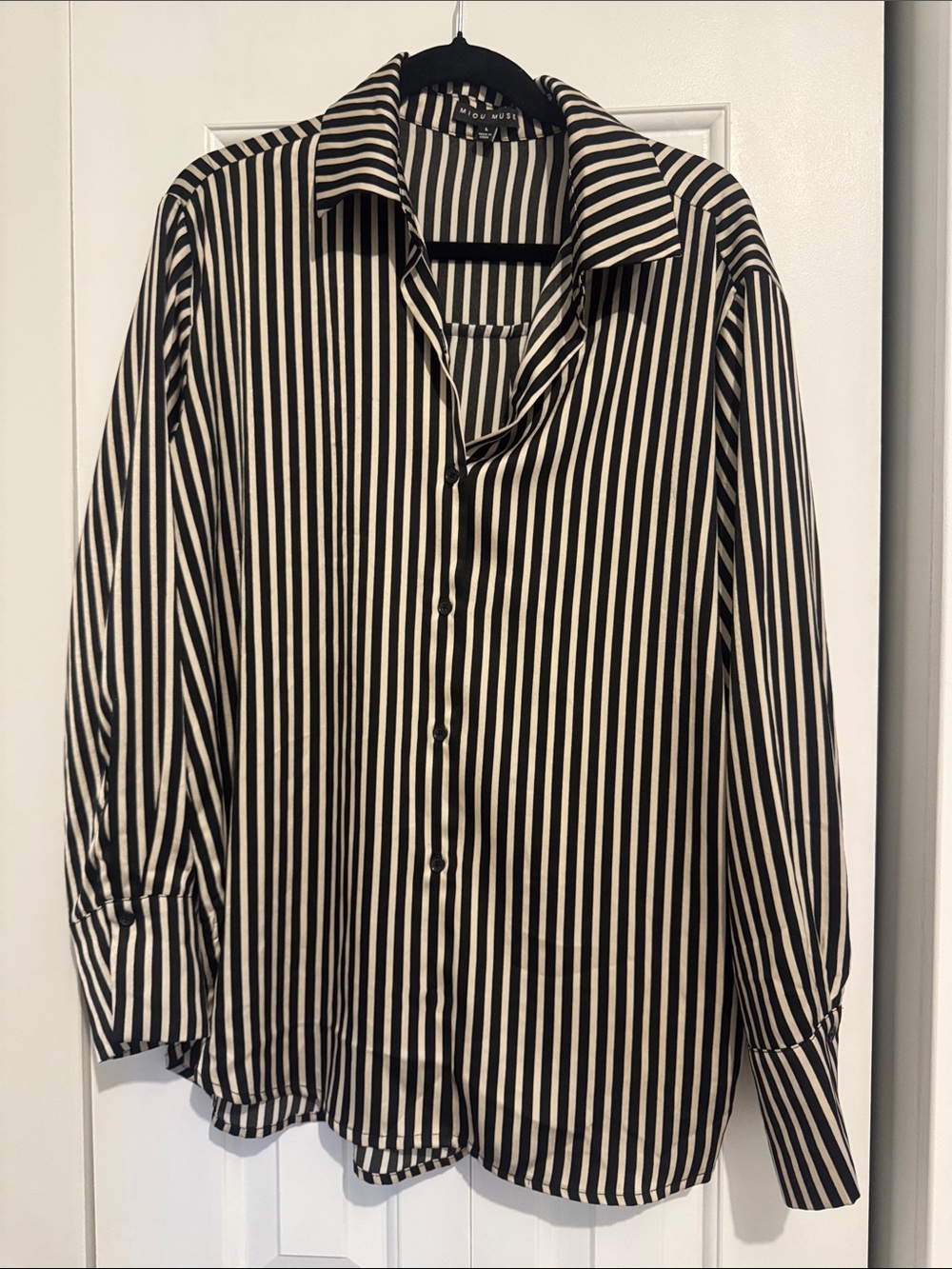 Black & White Striped Satin Button-Up Shirt